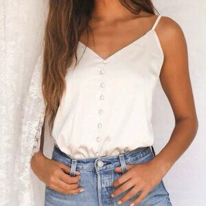 Francesca’s Mi Ami Champagne Satin Button Front Bodysuit Women’s Size XS